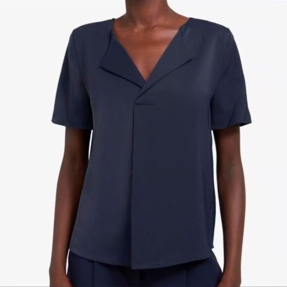 Theory Tops - Theory Blouse Womens Small Blue Short Sleeve Fold Over V Neck Matte Twill Top